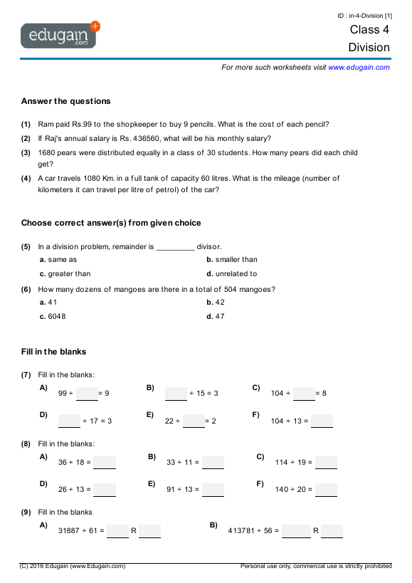 grade 4 division math practice questions tests worksheets quizzes assignments edugain mexico